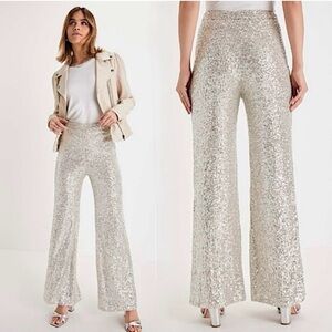 Lulus Sparkly Session Beige Sequin High Rise Wide-LegTrouser Pants, Size M, NWT